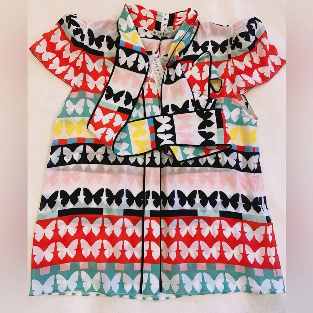 NWT Alice + Olivia Jeannie Butterfly Silk Tie-Neck Top - Picture 6 of 8